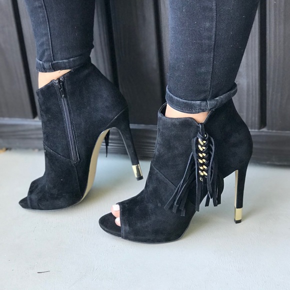 Black Peep Toe Fringe Tassel Ankle Boots - Picture 7 of 8